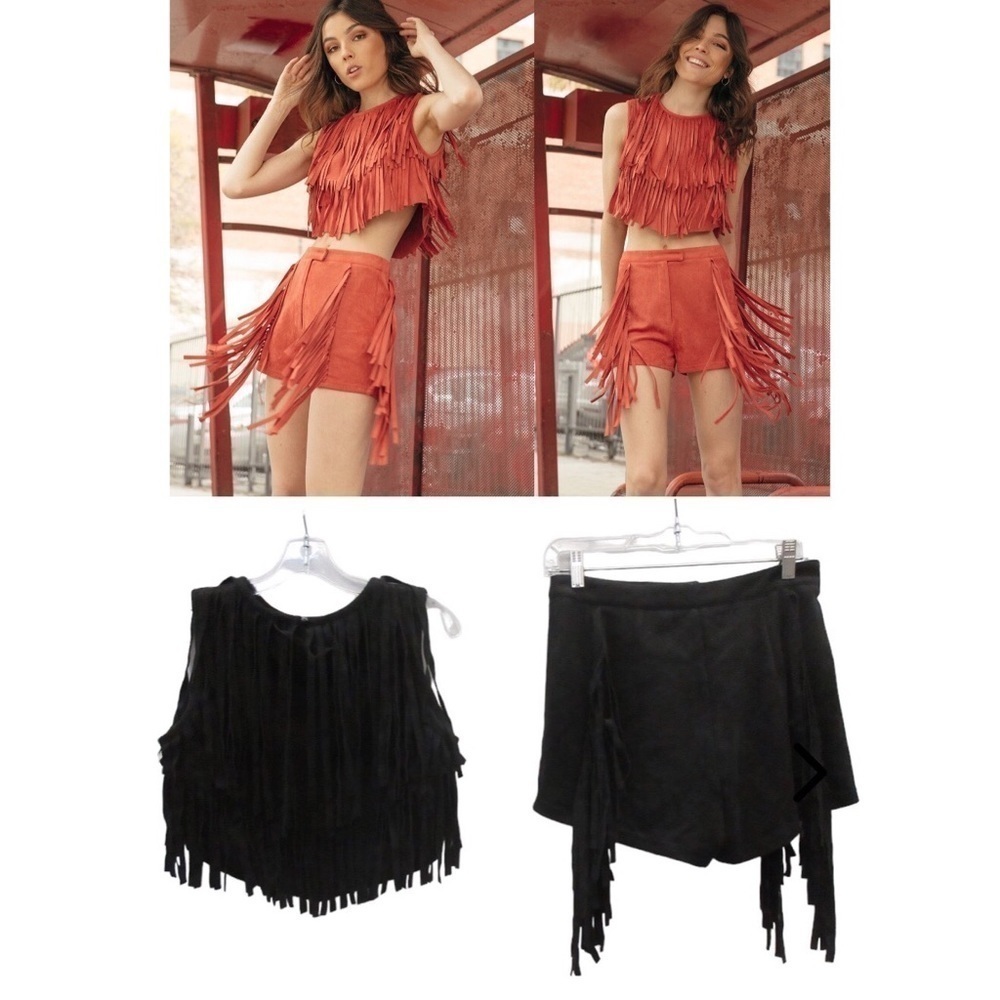 Wild Honey Black Faux Suede Fringe Cropped Sleeveless Tank Top and Short Set - Picture 2 of 16